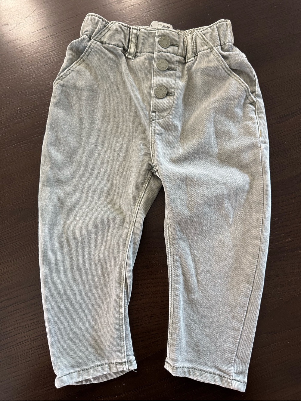 Zara Baby Grey Olive Green Wash Denim Jeans 12-18M Button Fly Elastic Waist